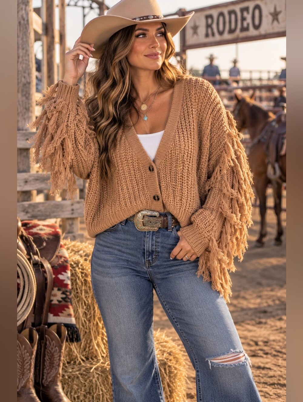 NWT Hayden Cropped Fringe-Sleeve Knit Cardigan in Tan Sz S/M